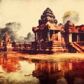 Watercolour drawing of the temple Angkor Vat in Cambodia, ai illustration