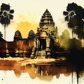 Watercolour drawing of the temple Angkor Vat in Cambodia, ai illustration