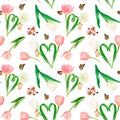 Watercolour drawn square pattern with beautiful pink and white tulip hearts, detached flowers, butterflies, name cards