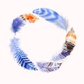 Watercolour feathers. Wreath border. Watercolor for fashion desi