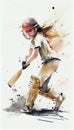 Watercolour Female Girl Cricket Player Holding a Bat - Empowering Women in Sport & Promoting Cricket. Women Playing Cricket. Made