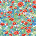 Watercolour Floral Seamless Pattern with Red Poppies and Multicolor Wild Flowers, AI Generated