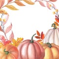 Watercolour frame with pumpkin, leaves on white background. Autumn card.