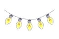 Watercolour glass garland with five yellow bulbs. Hand drawn illustration isolated on white