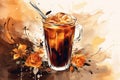 Watercolour of a glass with iced coffee. Cafe background. Generative AI