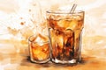 Watercolour of a glass with iced coffee. Cafe background. Generative AI