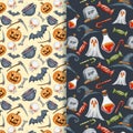watercolour halloween ghosts pumpkins seamless patterns design illustration Royalty Free Stock Photo
