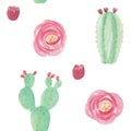 Watercolour Hand Painted Cactus Flower Seamless Repeat Pattern