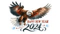 Watercolour Happy New Year 2024 with American Bald Eagle flying on white background. Happy New Year card