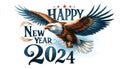 Watercolour Happy New Year 2024 card with American Bald Eagle flying on white background