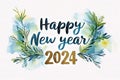 Watercolour Happy New Year 2024 with leaf on white background