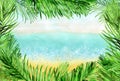 Watercolour horizontal beach background with palm leaves frame