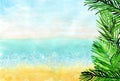 Watercolour horizontal beach background with palm leaves on right