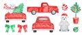 Watercolour illustration collection of Christmas red truck with Christmas tree and cute smiling polar bear.