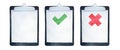 Watercolour illustration collection of clipboard icons set: with green tick symbol, with red cross sign and blank one with copy sp Royalty Free Stock Photo