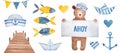 Watercolour illustration collection of various nautical symbols: sailor hat, funny fish, wooden pier, anchor, smiling teddy bear,