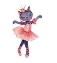 Watercolour illustration of a cute ballerina cat wearing a crown