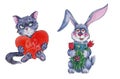Watercolour illustration of a cute kitten and a bunny with flowers Royalty Free Stock Photo