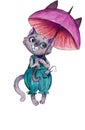 Watercolour illustration of a cute kitten with an umbrella jpeg, png