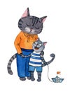 Watercolour illustration of a dad cat with a son with a toy boat