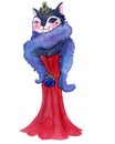 Diva cat dressed in a red gown, wearing a tiara and a fur boa
