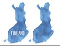 Watercolour illustration of Finland Map Silhouette in two variation: blank shape and with text lettering.