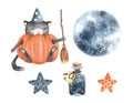 Watercolour illustration for the holiday Halloween with a black cat, the moon, stars and elements Royalty Free Stock Photo