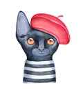 Watercolour illustration of little black kitten wearing bright red french beret and striped tee shirt.