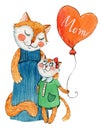 Watercolour illustration of a mom cat with a daughter holding a balloon