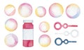 Watercolour illustration pack of soap bubbles, little pink bottle and wands assortment.