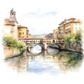 watercolour illustration in pale tones capturing the serene beauty of Florence\'s architecture and river