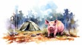 Watercolour Illustration Of A Pig Near A Camping Tent Royalty Free Stock Photo