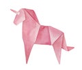 Watercolour illustration of pink Origami Unicorn.