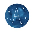 Watercolour illustration of round shape with dark navy blue sky, stars and `A` letter constellation.