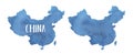 Watercolour illustration set of China Map: blank one template and with text lettering example.