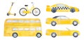 Watercolour illustration set of different modes of transport: electric kick scooter, bicycle, public bus, taxi cab, luxury car and