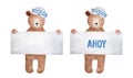 Watercolour illustration set of funny teddy bear wearing sailor hat and holding white board: blank one variation and with AHOY mes
