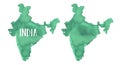 Watercolour illustration set of India Map Silhouette in green color in two variations: with text lettering example and blank one. Royalty Free Stock Photo