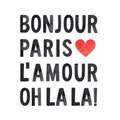 Watercolour illustration set of popular French words: Bonjour, Paris, L`amour, Oh La La.