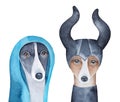 Watercolour illustration set of positive and negative whippet dog character, saint and sinner costumes