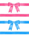 Watercolour illustration set of seamless repeatable ribbons with twist tie bows in light blue and pink colors.