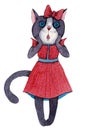 Watercolour illustration of a surprised cat in a beautiful dress and a red bow