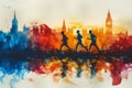 Watercolour illustration of three runners running marathon on colourful city background.