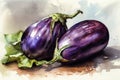 A watercolour illustration of two eggplants. Created with Generative AI