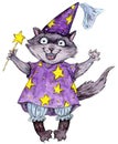 Watercolour illustration of a wizard cat with a magic wand