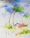 Watercolour image of a strom in an Indian village. Stong wind on coconut trees and a man in front of his house, depicting Indian