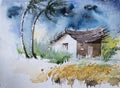 Watercolour image, strom in an Indian village. Stong wind on trees and a house. Dark clouds above depicting Indian monsoon Royalty Free Stock Photo