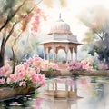 Watercolour, Indian wedding, white and pink flowers, gazebo, garden , distant view Royalty Free Stock Photo