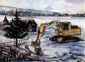 Watercolour landscape of countryside with excavator on foreground