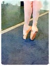 Watercolour of legs of young ballerina on point in ballet dancing studio